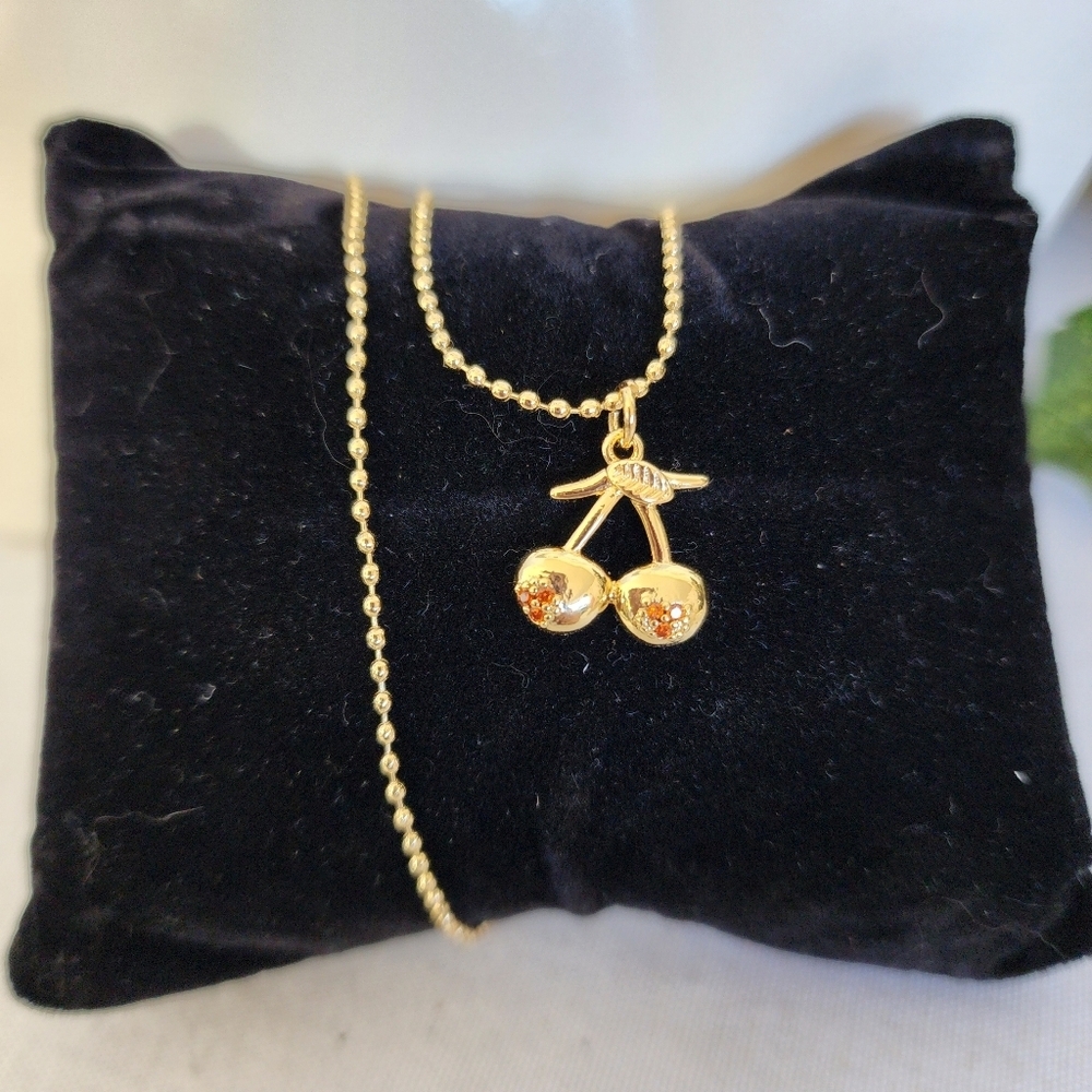 Gold Cherry Charm Pendant Chain Necklace